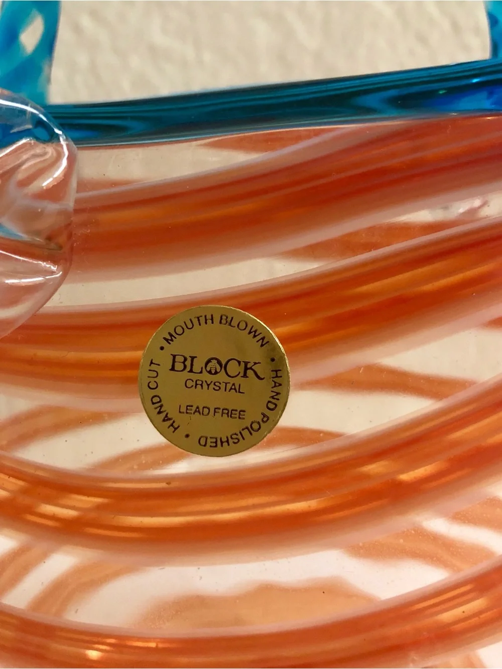 Handblown Glass Purse Vase with Orange Swirl and Blue Handle